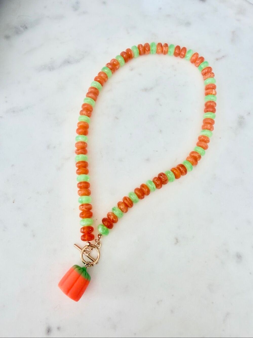 Candy Corn Pumpkin Beaded Necklace Orange Green Halloween Fall Jewelry